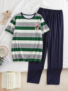 Bộ đồ ngủ mùa hè 2 món cho bé trai tuổi teen: Áo tay ngắn cổ tròn kẻ sọc màu xanh navy, có túi ngực, quần dài cạp chun, chất liệu nhẹ, thoải mái, mềm mại, thân thiện với da, thích hợp làm quà tặng mùa lễ hội 2026. - Màu xanh bụi bặm - Xem 4