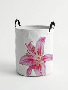 ROMWE Kawaii 粉色百合花图案印花圆形收纳盒，适合存放衣物和书籍，方便用作洗衣篮 - 百合 - 查看 1