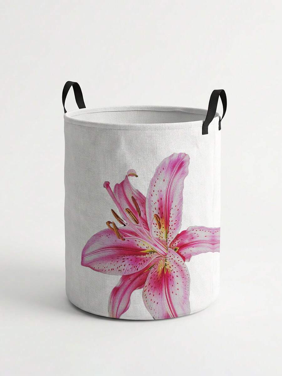 ROMWE Kawaii 粉色百合花图案印花圆形收纳盒，适合存放衣物和书籍，方便用作洗衣篮 - 百合 - 查看 1
