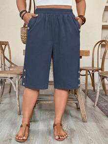 Weeklong Pantalones cortos casuales de talla grande con cintura elástica, bolsillos laterales y decoración con remaches - Neblina azul - Ver 4