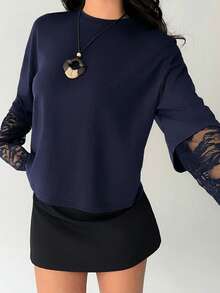 Aloruh Áo thun nữ dáng ôm cổ tròn màu trơn, kiểu dáng thường ngày, phối ren ngọt ngào. - Màu xanh hải quân - Xem 5