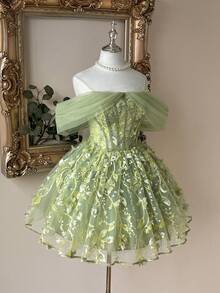 Lovelzi 优雅橄榄绿奢华3D珠绣花卉露肩鱼尾高腰A字连衣裙，后背系带可调节，适合约会、度假、单身派对、婚礼、返校活动等场合，女士短款晚礼服 - 綠色 - 查看 4