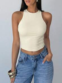 Aloruh Women's Backless Criss-Cross Solid Color Sexy Fitted Camisole,Summer Top - Apricot - View 3