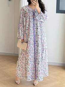 Al Najma Plus Size Women Elegant Floral Print Split Sleeve Arabic Style Dress - Multicolor - View 5