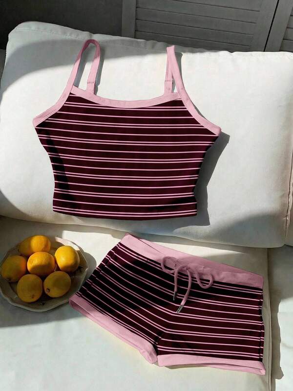 Comfortcana Casual minimalistische retro elegante outfit voor woon-werkverkeer, veelzijdig, warm bruin en roze gestreept patroon, strand-/vakantieoutfit, dames zomer 2-delige set crop top en shorts