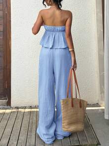 SHEIN EZwear 天蓝色亚麻女士抹胸上衣和裤子休闲度假套装 - 藍色 - 查看 2