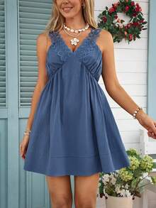 Louniche Women's Spring/Summer Casual Vacation Ruffled Strap V-Neck Babydoll Style Cropped Camisole Dress - Blue - View 6