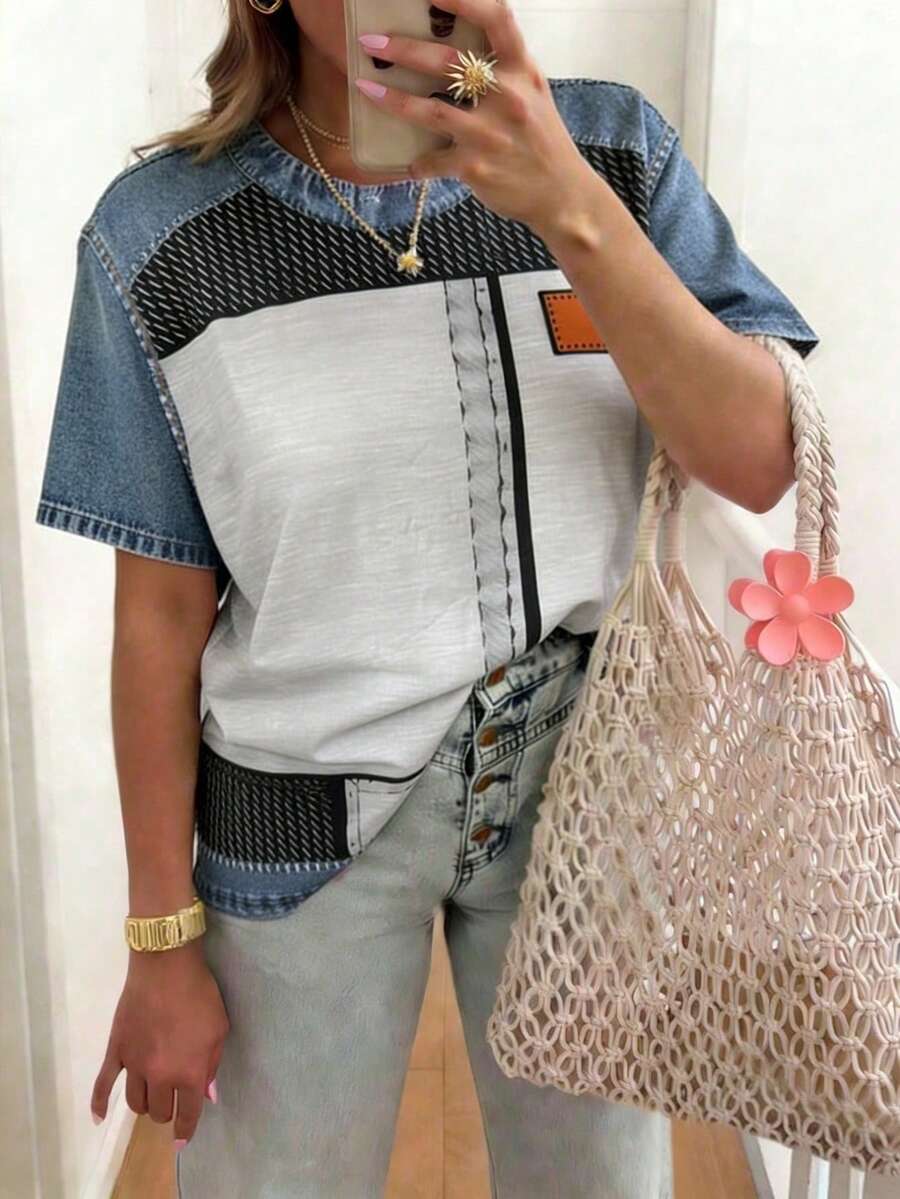 EMERY ROSE Áo thun nữ tay ngắn cổ tròn kẻ caro phối nhiều màu sắc, kiểu dáng thường ngày, đa năng. - Nhiều màu - Xem 1