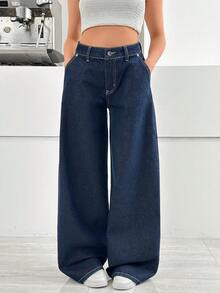 SHEIN Quần jean denim ống rộng cạp thấp, dáng suông, giặt thô - Rửa tối - Xem 6