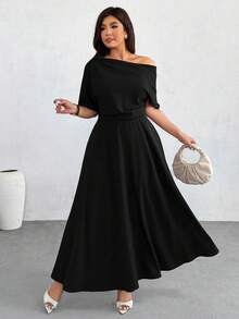 Firerie Đầm cỡ lớn màu trơn, vai lệch, kiểu dáng tối giản, thường ngày. - màu đen - Xem 4