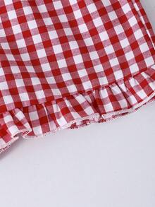 Souflis Souflis 2pcs/Set Young Girl Cherry Print Gingham Bow Decor T-Shirt And Ruffle Trim Gingham Short - Red and White - View 6