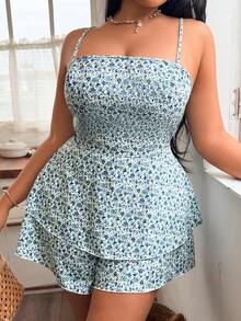 Easura Plus Size Women's Light Blue Spaghetti Strap Ruched Bustier Jumpsuit, Ditsy Floral Bow Tie Back, Elegant Summer Boho Picnic Outfit Vacation Gym - Blue - View 4