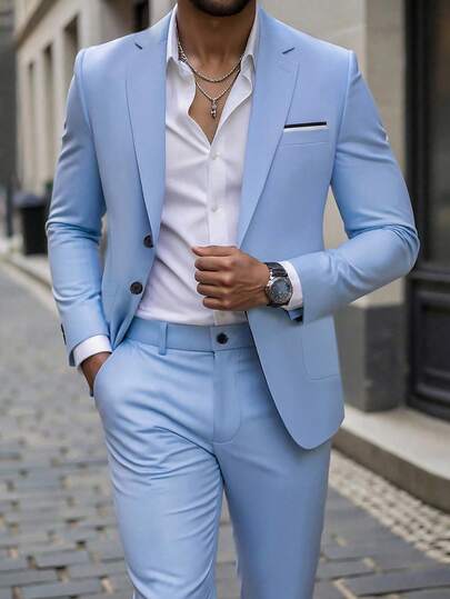 Manfinity Mode Men's Blue Minimalist Jacket And Pants Formal Suit Set
