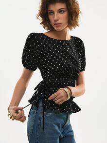 Poéselle Áo nữ tay ngắn cổ tròn chấm bi, thắt eo bên hông, kiểu dáng thường ngày, thích hợp cho mùa hè. - màu đen - Xem 7