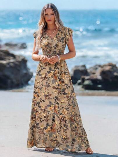 Sylviya Vestido casual de mujer con mangas de campana fruncidas, cintura ceñida y dobladillo con volantes, estampado de ubicación para tiempo vacaciones