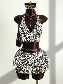 Zestiva Spring/Summer Hot Selling Leopard Print Halter Top + Triangle Bikini Bottom + Drawstring Ruched Hem Skirt 3-Piece Beachwear Set - White - View 3