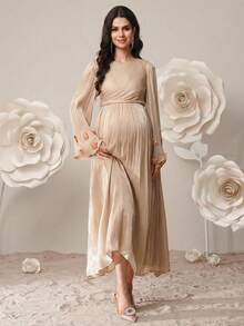 SHEIN Đầm bầu tay dài cổ tròn xếp ly màu trơn thanh lịch - Màu Khaki - Xem 7