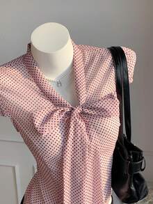 Comfortcana Women's Elegant Pink Polka Dot Tie Neck Cap Sleeve Blouse,Summer Tea Party Casual Top,Holiday Y2k Work Outfits,Country Style Button Front Shirt - Pink - View 4