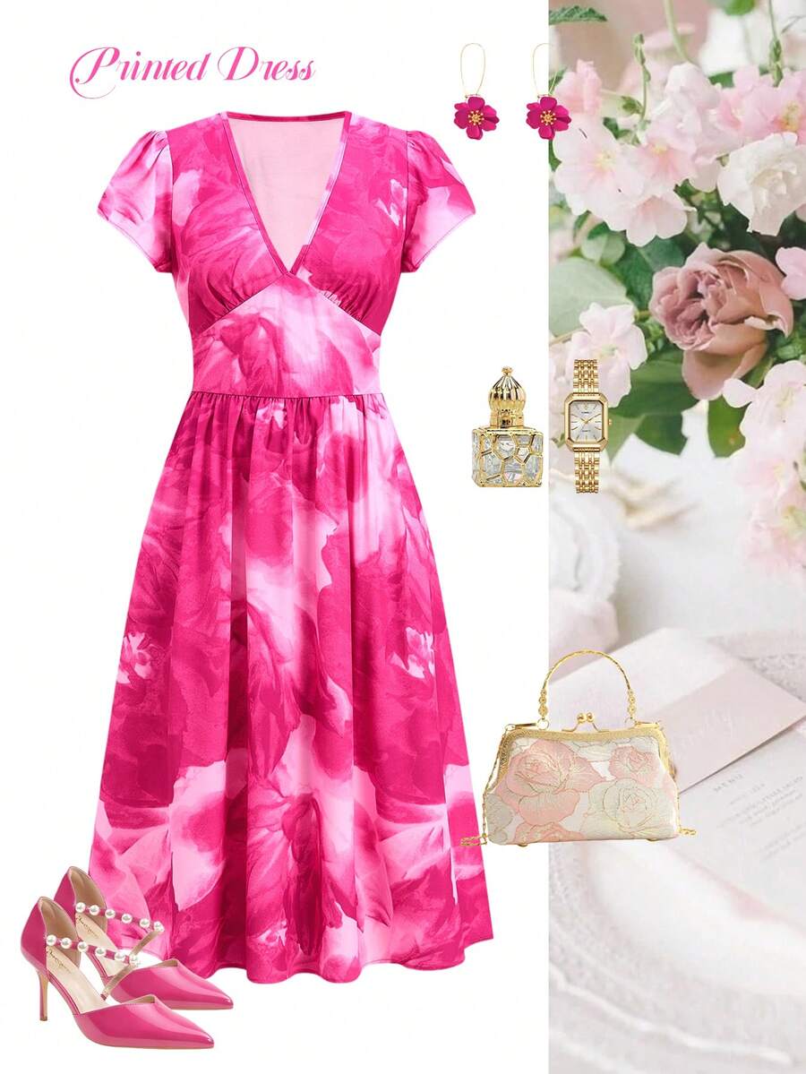 Ellevyn Vestido de mujer de longitud media con cuello en V y estampado floral elegante, adecuado para vacaciones de verano, atuendos de salida de mujer, vestidos de verano de mujer, atuendos de verano de mujer, vestido de Pascua de mujer, vestido de primavera de mujer, ropa de vacaciones de mujer - Rosa Fucsia - Ver 1