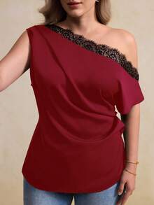 Elegantrix Plus Size Women Elegant Lace Trim Asymmetric Collar Blouse, Suitable For Office, Casual, And Vacation Wear, Spring/Summer - Red - View 4