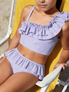 SHEIN 少女比基尼套装，蓝白条纹可爱荷叶边不对称肩带可调节荷叶边下摆三角泳衣两件套 - 紫色 - 查看 3