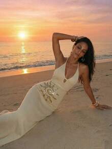 Aloruh 女士春夏新款纯色浅黄色超长钩针连衣裙，深V露背性感优雅串珠刺绣奢华派对礼服，女士度假连衣裙 - 淡黃色 - 查看 9