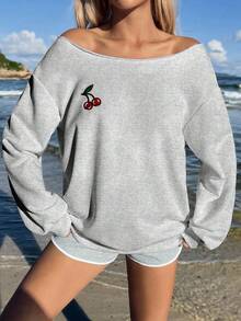 SHEIN EZwear 休闲简约日常百搭樱桃3D刺绣沙滩/度假装，女士夏季服装，浅灰色露肩宽松休闲长袖卫衣 - 淺灰色 - 查看 6