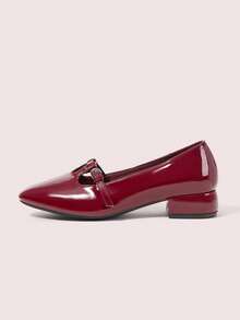 CUCCOO DOLLMOD Ladies Round Toe Patent Leather Burgundy Date Wear Mary Jane College Style Daily Versatile Afternoon Tea Wear Low Heel High Heel Shoes - Burgundy - View 1