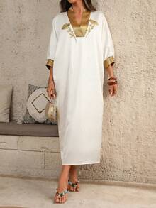 Franclia Vestido longo feminino estilo Oriente Médio, solto, com bordado em cores contrastantes, para primavera/verão. - Branco - Ver 6