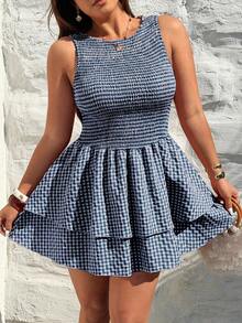 Sunnyshic Robe élégante et ajustée à la taille, sans manches, au col rond, avec un motif écossais rouge à la mode, polyvalente pour le printemps/été - Bleu marine - Voir 7