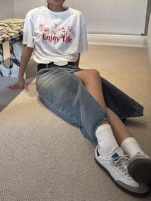 DAZY 韩版女式破洞牛仔迷你裙 - 藍色 - 查看 5