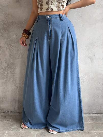 Sunnyshic 大码女式高腰宽松柔软垂坠阔腿牛仔裤