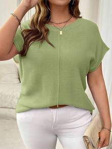 Vionelle Plus Size Solid Color Minimalist Knit Top, Suitable For Commuting - Green - View 4