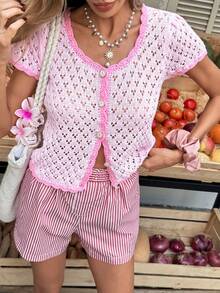 Selianne Women's Elegant Round Neck Short Sleeve Cardigan, Spring/Summer - Pink - View 7