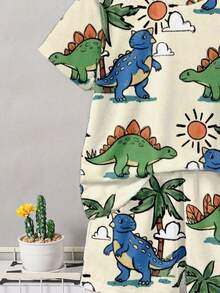 两件套男童恐龙印花圆领短袖T恤和短裤，休闲日常穿搭 - 彩色 - 查看 6