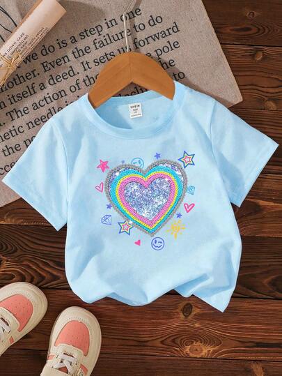 Elladie kids Camiseta básica azul de manga corta para niñas, con estampados gráficos de corazones, estrellas, caras, diamantes y soles, de uso casual y cómodo, adecuada para primavera, verano y otoño