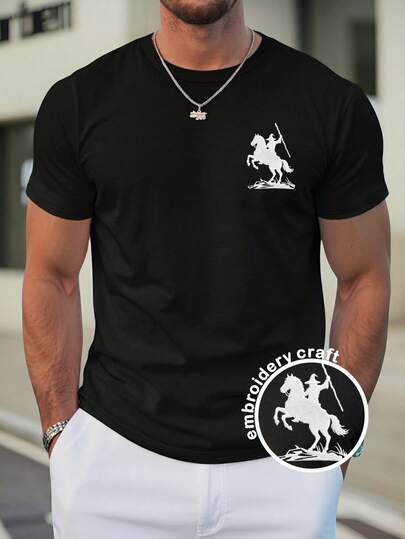 Manfinity Homme Men's Summer Casual Black White Knight Rider Horse Horseback Riding Warrior Soldier Spear Lance Silhouette Embroidery Embroidered Chest Logo Minimalist Simple Clean Classic Graphic T-Shirt Vintage Streetwear Western Old Money Preppy Elegant Going Out Club Party Office Casual Crew Neck Short Sleeve Slim Fit Regular Fit Breathable Soft Tee Top,Men's Minimalist Printed Round Neck Short Sleeve T-Shirt