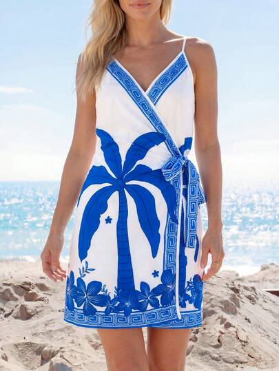 Sylviya 女士休闲印花裹身迷你连衣裙，适合夏季度假、夏季穿搭、夏季连衣裙、沙滩装、休闲连衣裙、度假装、夏季假日装、假日连衣裙、乡村风女装、印花连衣裙、邮轮装、波西米亚风女装