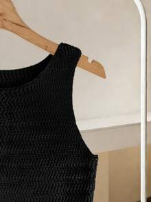 Franclia 女士休闲无袖圆领针织迷你连衣裙，荷叶边下摆，米色，适合春夏穿着 - 黑色 - 查看 4