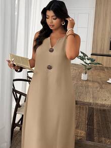 EMERY ROSE Plus Size V-Neck Sleeveless Loose Casual Long Dress - Coffee Brown - View 3