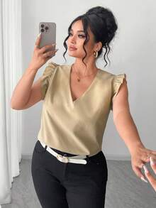 SHEIN Clasi 大码女式纯色简约休闲V领纹理衬衫 - 杏色 - 查看 7