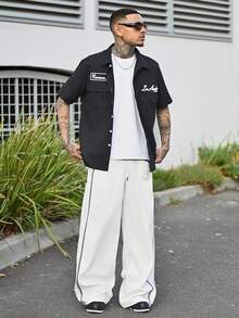 Devon Thys 男士撞色字母印花拉链阔腿裤，街头风格，秋季 - 白色 - 查看 6