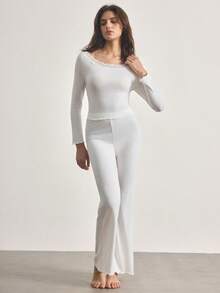Ocili 2pcs Women Comfortable Cotton Frill Trim Long Sleeve Top And Pants Pajama Set, Sleepwear - White - View 4