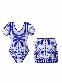 Swim Oasis Plus Size 2pcs Tropical Floral Print Halter Neck Tie Knot One-Piece Swimsuit With Matching Printed Skirt, High-End Women Swimwear Set Suitable For Summer Beach & Holiday - Multicolor - View 8