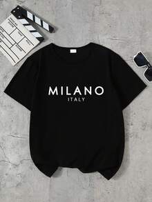 SHEIN Camiseta casual de manga corta y cuello redondo con estampado de letras para adolescentes - Multicolor - Ver 5