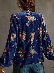 SoleilVie 女士V领碎花黑色丝绒衬衫 女士上衣和衬衫 波西米亚风女装 波西米亚风女装 波西米亚风女装 女士西部风女装 - 藍色 - 查看 2