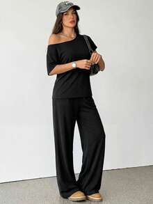 SHEIN Tall 女士夏季极简街头风基础日常穿搭外出运动舒适露肩T恤和阔腿运动裤两件套，秋季 - 黑色 - 查看 5