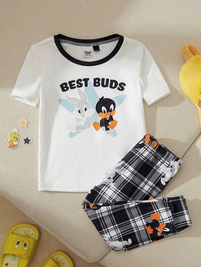 LOONEY TUNES X SHEIN Baby Boy Casual Comfortable Cartoon Pattern Short Sleeve T-Shirt And Plaid Pants Pajama Set
