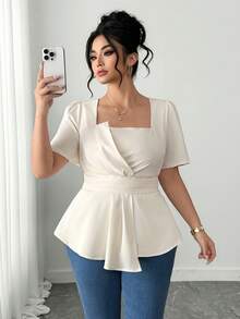 Elenzga 大码女式纯色褶皱不对称下摆休闲百搭日常上衣 - 杏色 - 查看 6