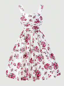 SHEIN Đầm ngắn không tay in hoa thời trang dành cho bé gái tuổi teen, thích hợp cho các buổi đi chơi, tụ họp và tiệc tùng. - Hồng - Xem 1